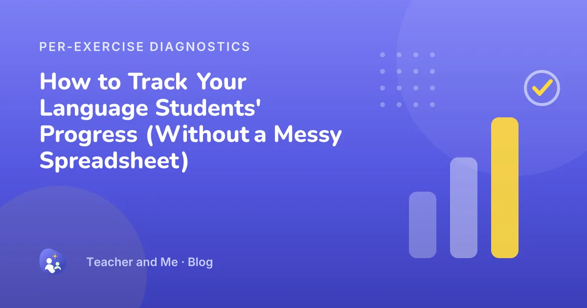 Rising diagnostic bars with a completion check, illustrated cover for “How to Track Your Language Students' Progress (Without a Messy Spreadsheet)”