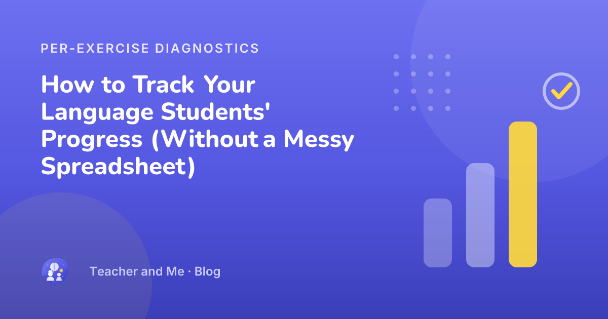Rising diagnostic bars with a completion check — illustrated cover for “How to Track Your Language Students' Progress (Without a Messy Spreadsheet)”