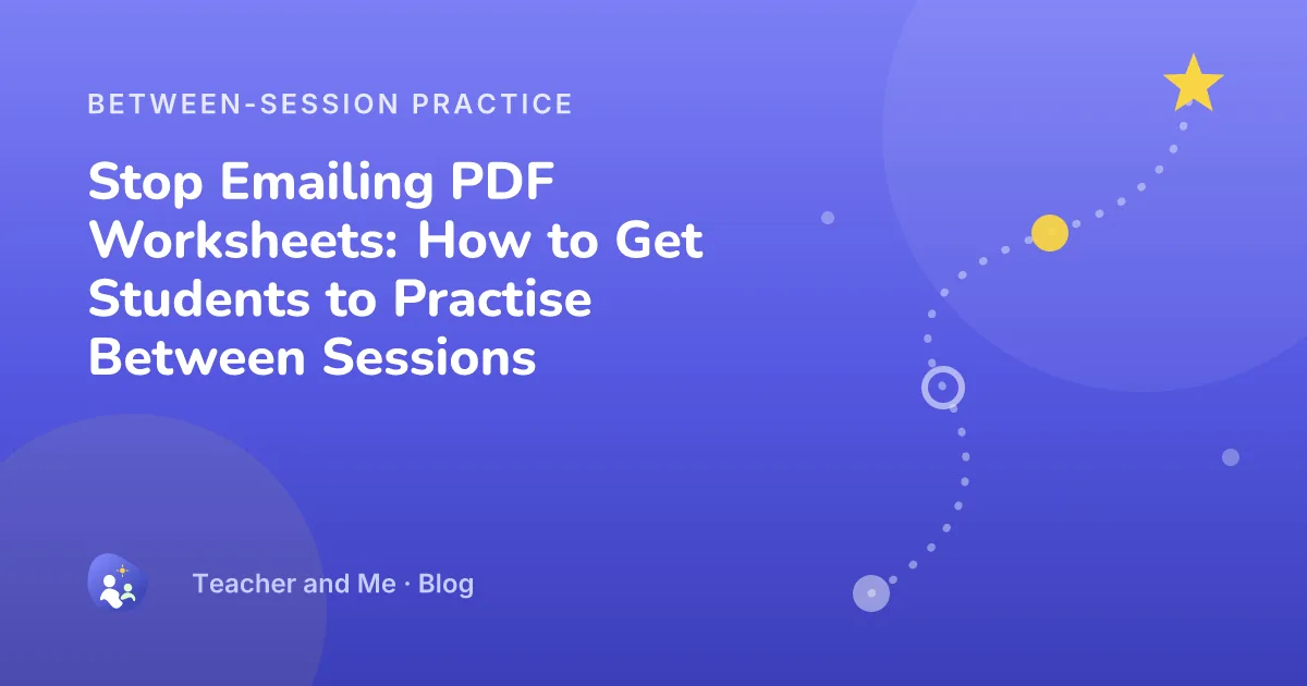 Winding practice path with milestone markers and a star, illustrated cover for “Stop Emailing PDF Worksheets: How to Get Students to Practise Between Sessions”