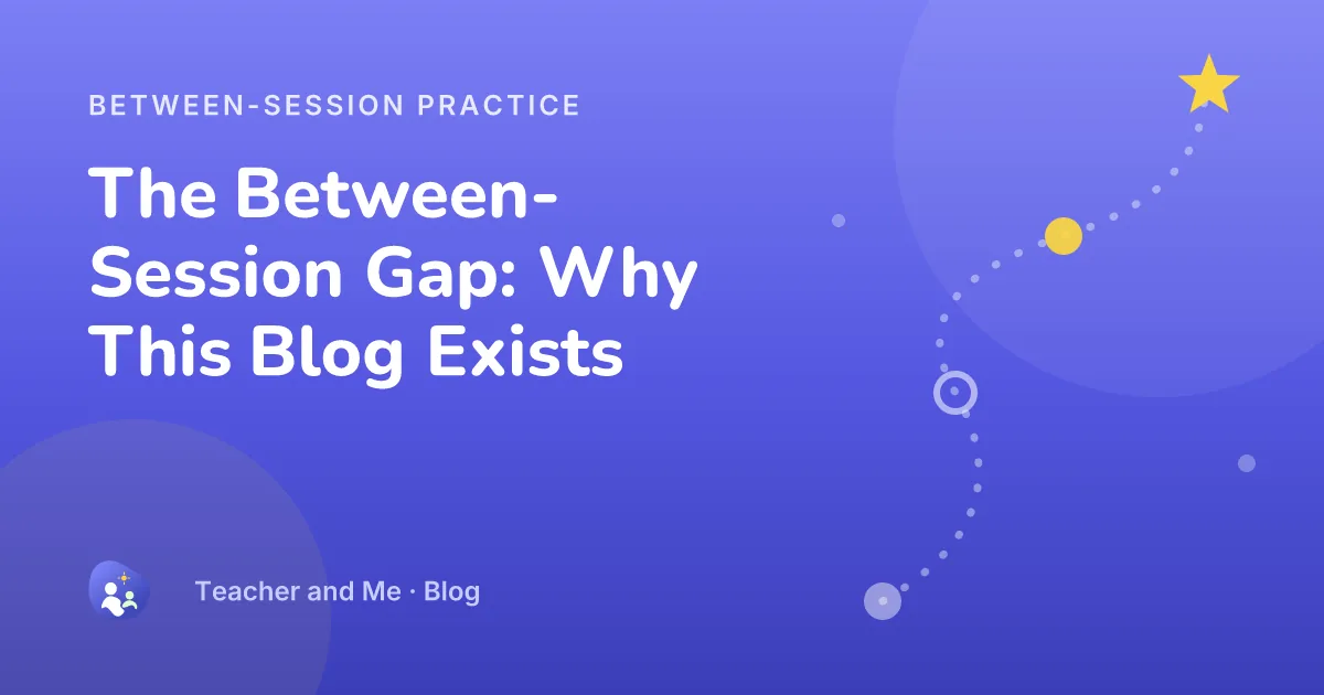 Winding practice path with milestone markers and a star, illustrated cover for “The Between-Session Gap: Why This Blog Exists”