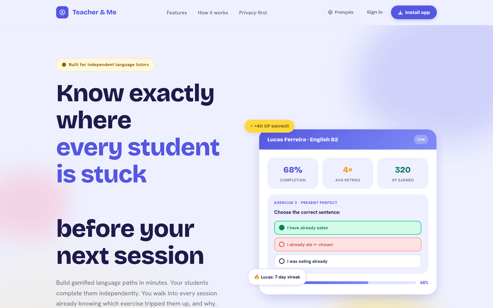 Teacher and Me landing page: 'Know exactly where every student is stuck before your next session', next to a live student card showing completion, retries and XP