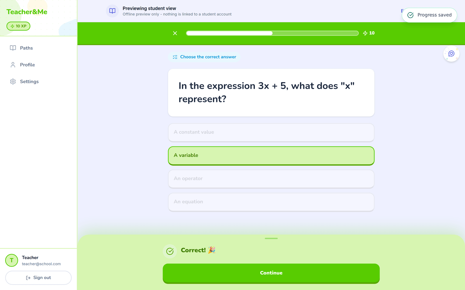 Exercise runner showing a multiple-choice question answered correctly, with a green 'Correct!' feedback panel, a progress bar, XP counter and a 'Progress saved' toast