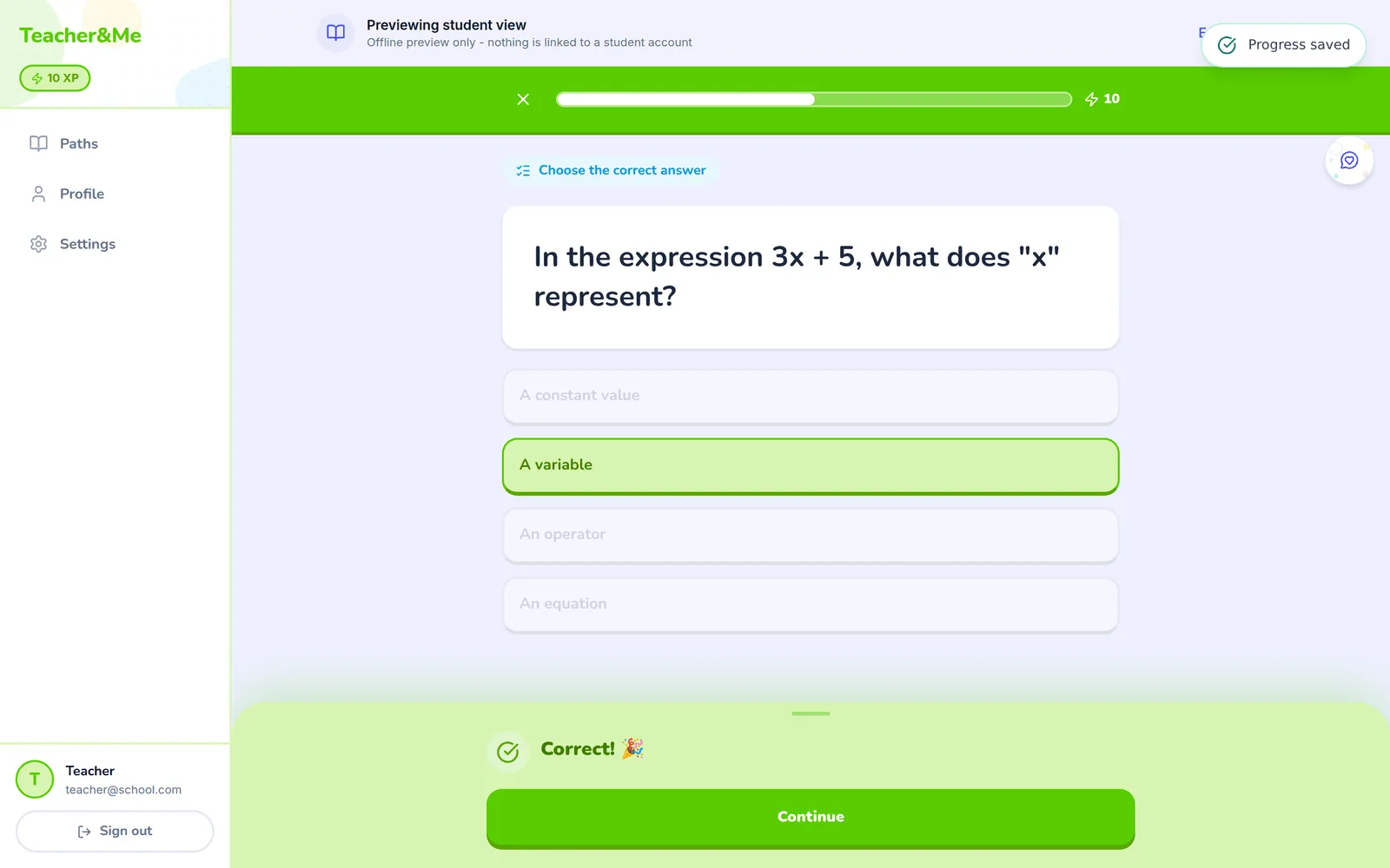Exercise runner showing a multiple-choice question answered correctly, with a green 'Correct!' feedback panel, a progress bar, XP counter and a 'Progress saved' toast