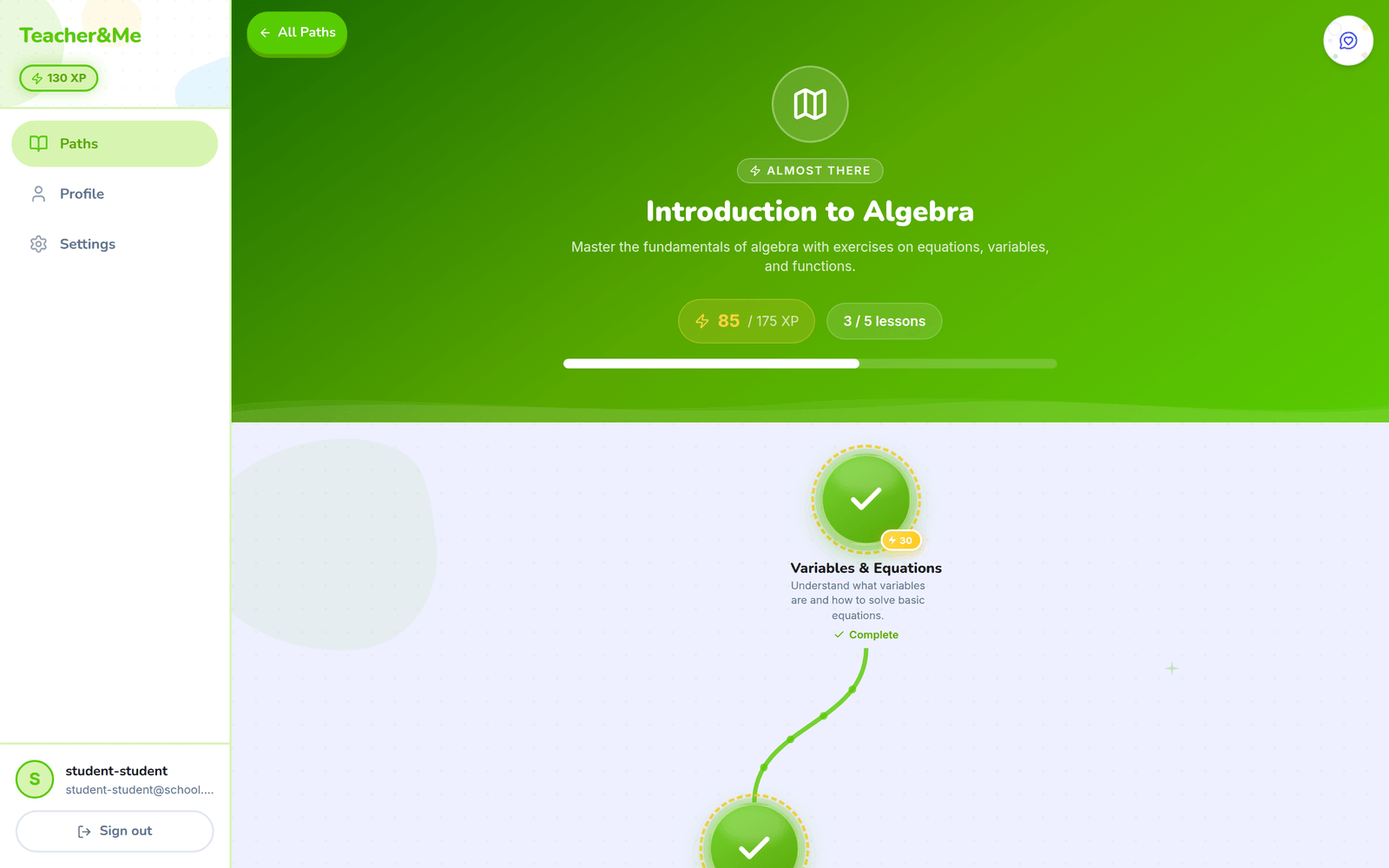 Gamified path map for a learning path showing XP earned, lessons completed, and a winding trail of lesson nodes with checkmarks and the current position