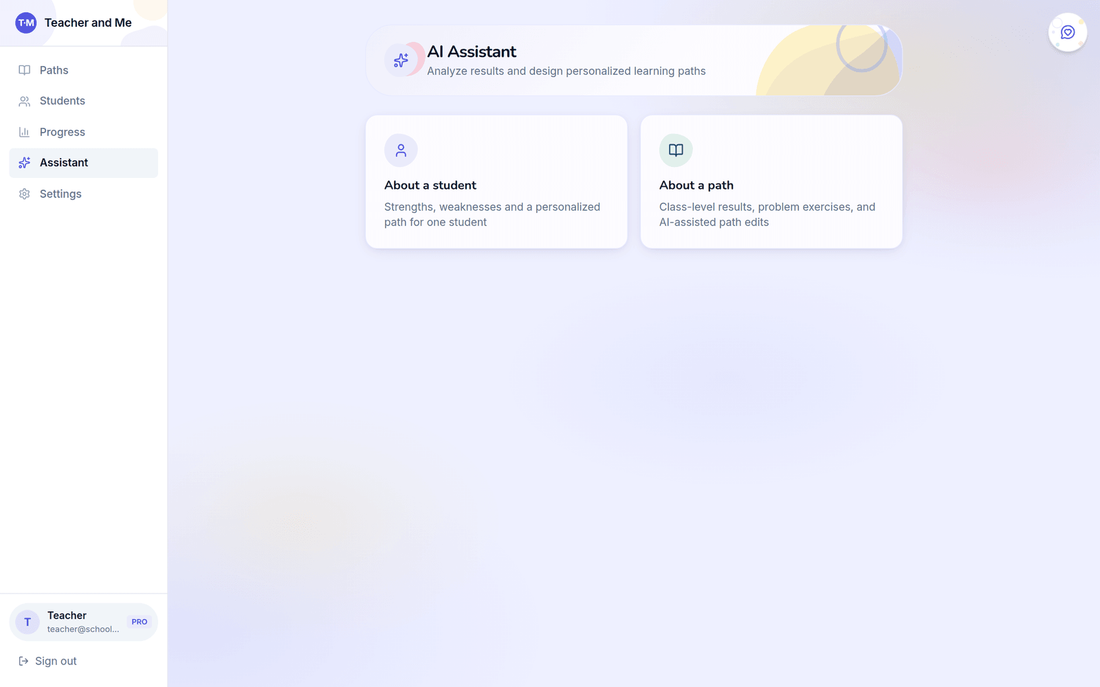 AI Assistant screen with two entry points: 'About a student' for strengths, weaknesses and a personalized path, and 'About a path' for class-level results and AI-assisted path edits