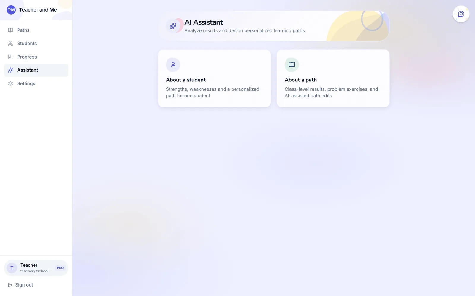 AI Assistant screen with two entry points: 'About a student' for strengths, weaknesses and a personalized path, and 'About a path' for class-level results and AI-assisted path edits