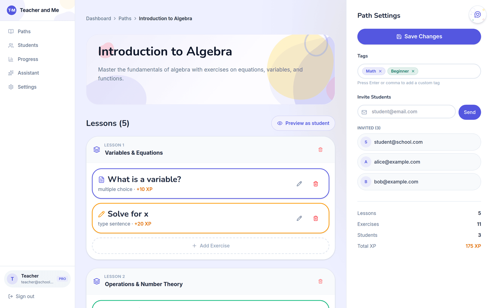 Path editor for 'Introduction to Algebra' showing lessons with exercises, XP per exercise, path settings, tags, student invitations and a Preview as student button