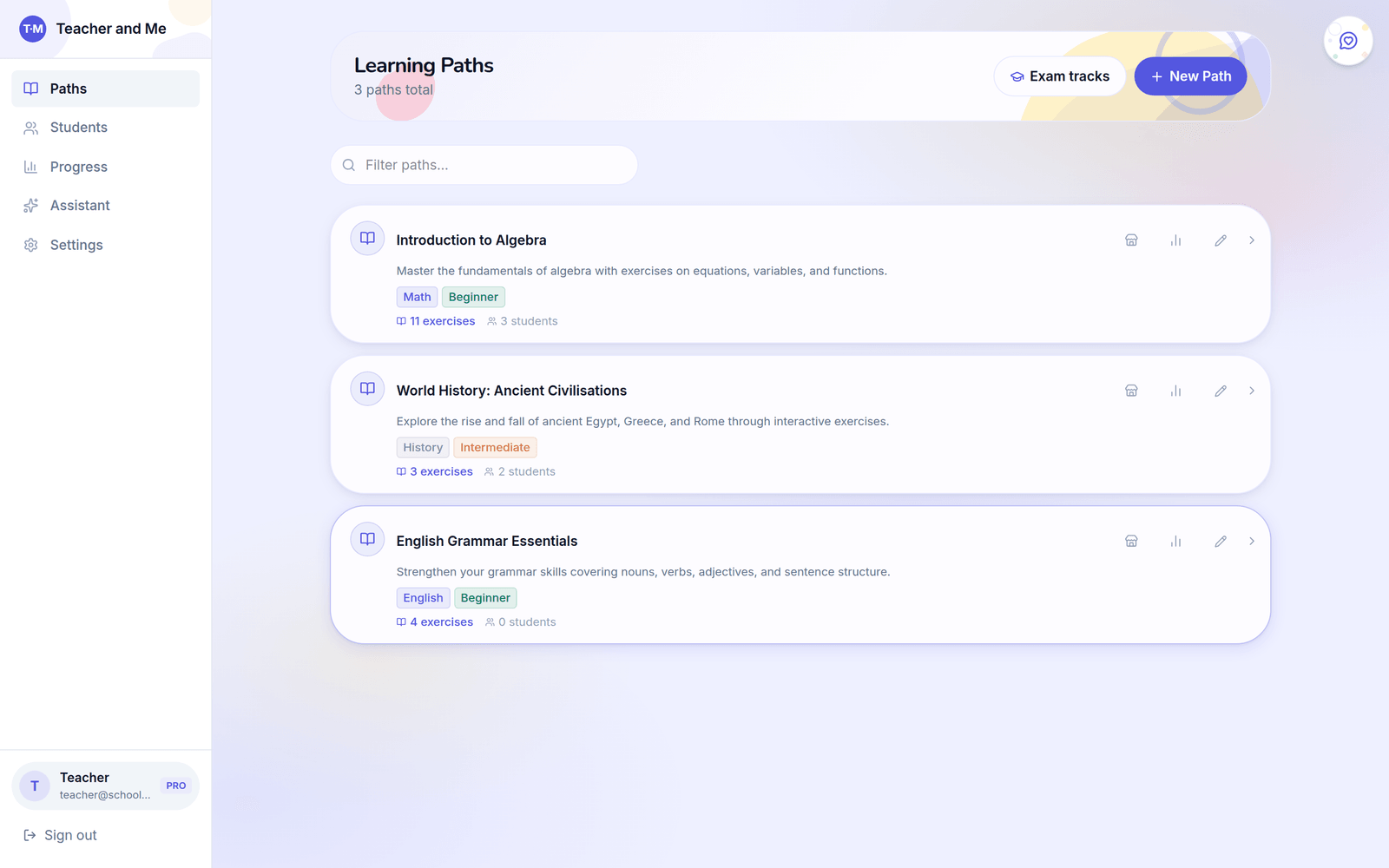 Teacher dashboard listing three learning paths with tags, exercise counts and student counts, plus an Exam tracks button and a New Path button