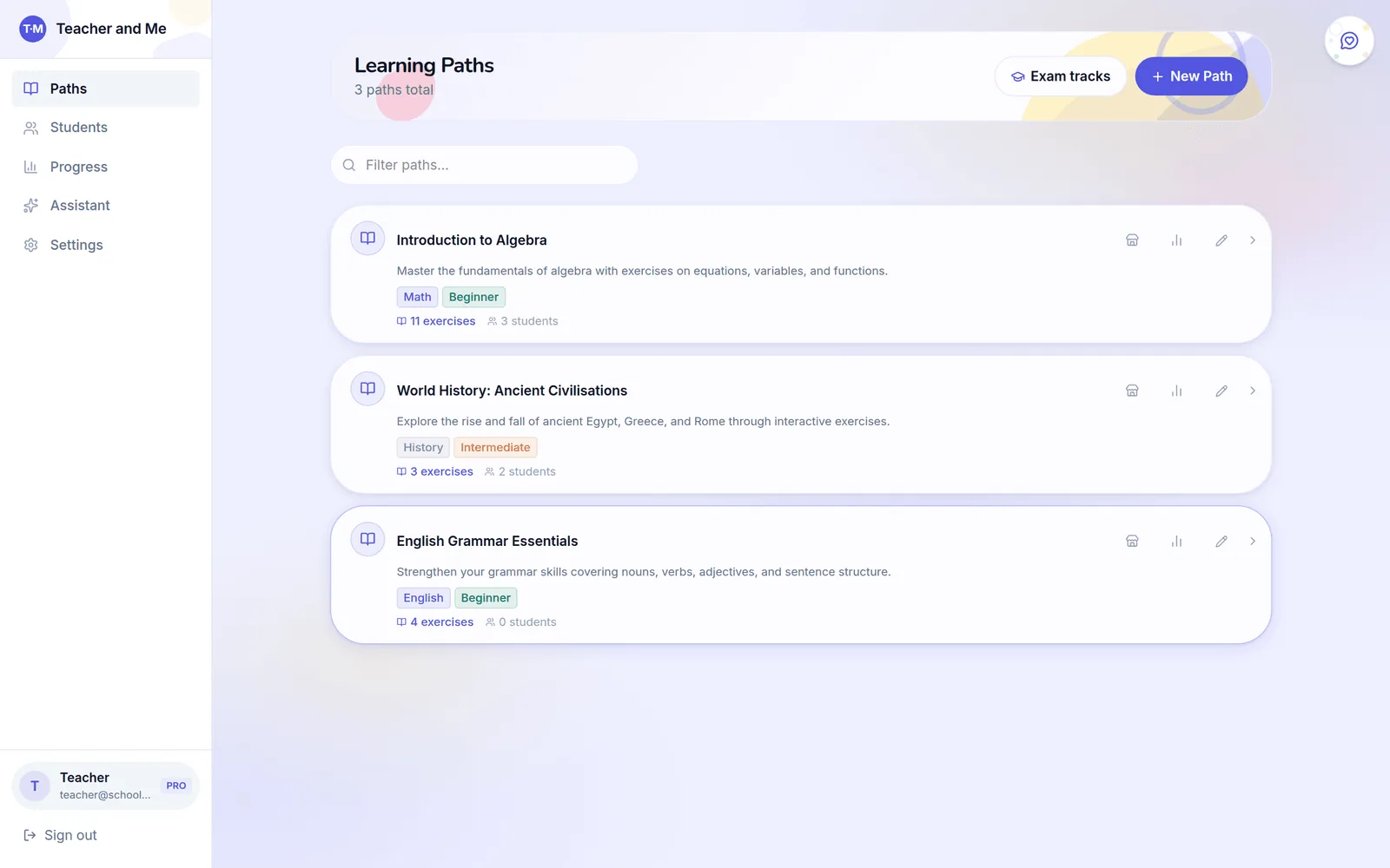 Teacher dashboard listing three learning paths with tags, exercise counts and student counts, plus an Exam tracks button and a New Path button