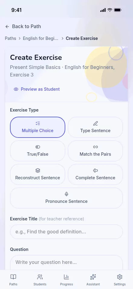 The Create Exercise form with Complete Sentence picked from the exercise-type grid.
