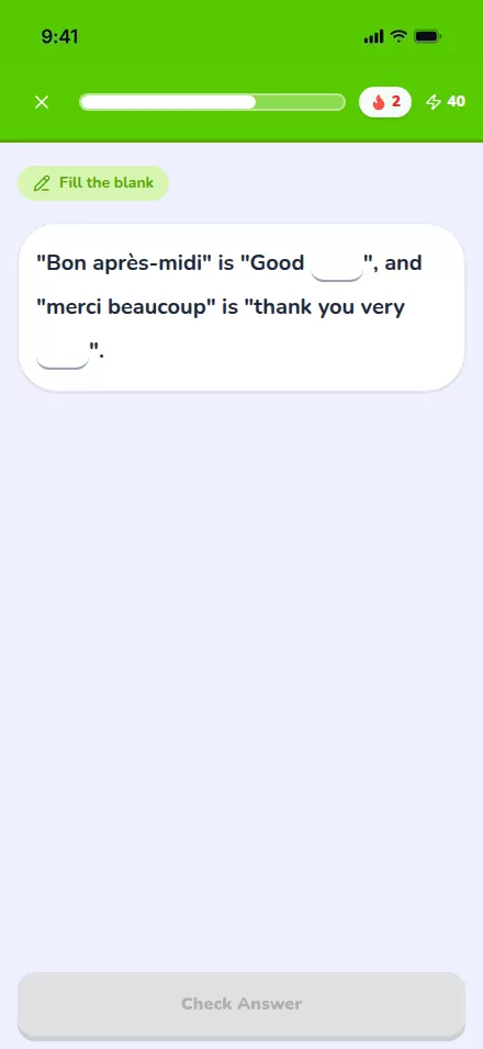 A complete-the-sentence exercise on a student phone: two gaps in one sentence, each typed into directly.