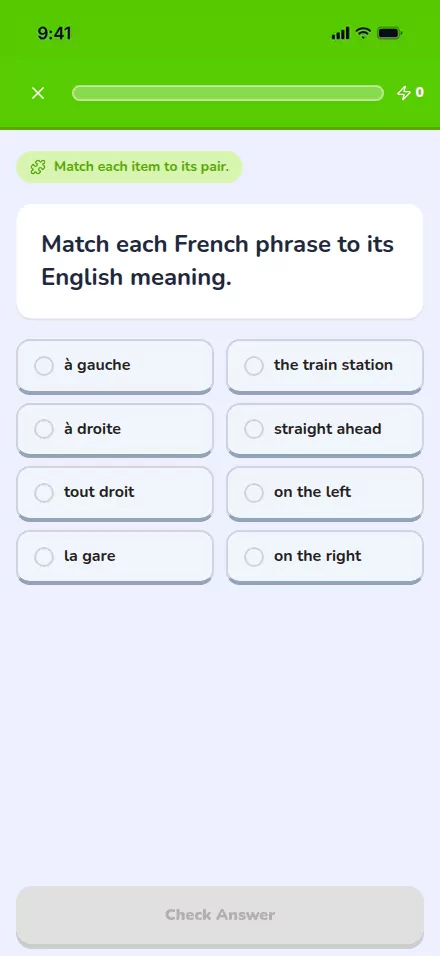 A match-the-pairs exercise on a student phone: French phrases on the left waiting to be joined to their English meanings on the right.