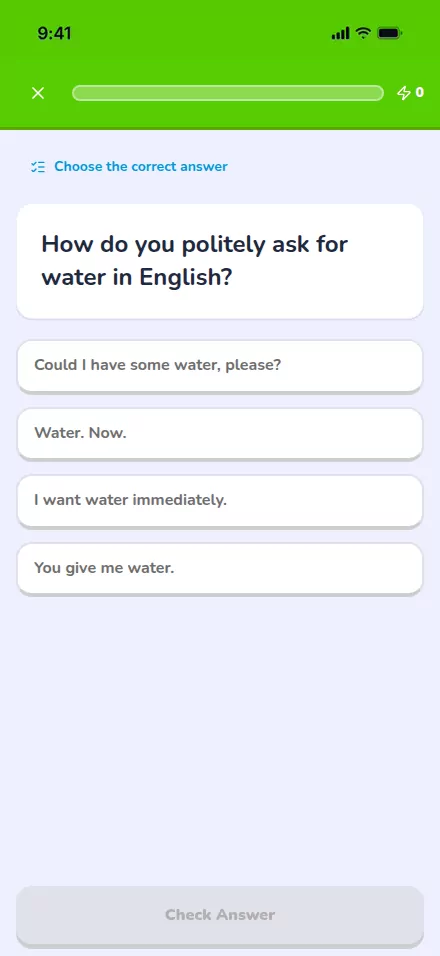 A multiple-choice exercise on a student phone: "How do you politely ask for water in English?" over four answers to choose from.