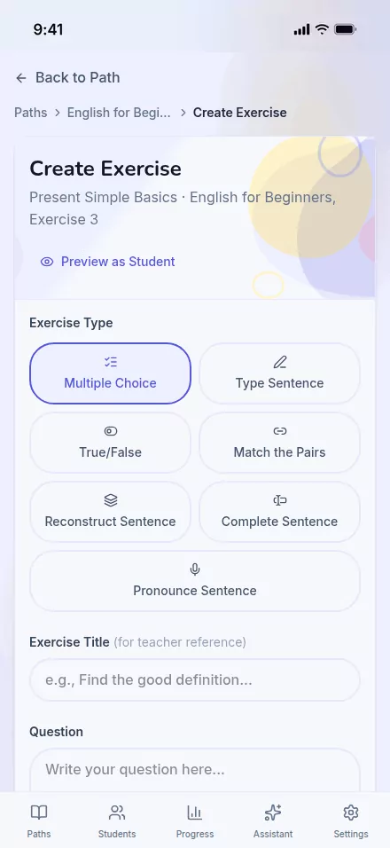 The Create Exercise form with Pronounce Sentence picked from the exercise-type grid.