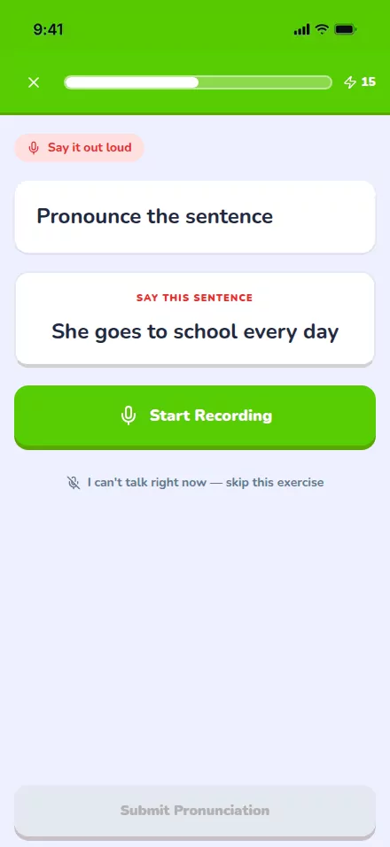 A pronunciation exercise on a student phone: the sentence to read aloud above a record button.