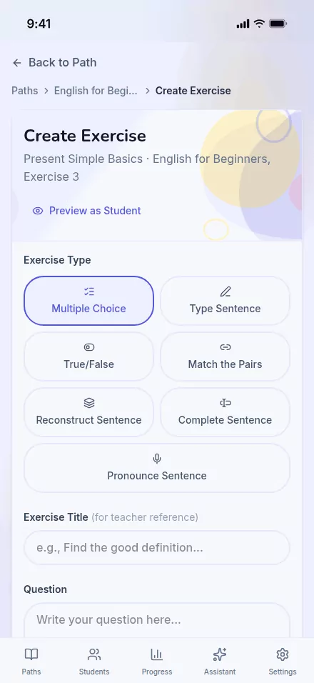 The Create Exercise form with Reconstruct Sentence picked from the exercise-type grid.