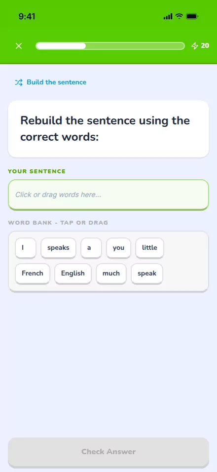 A reconstruct-sentence exercise on a student phone: a sentence being rebuilt word by word from a bank of tiles.