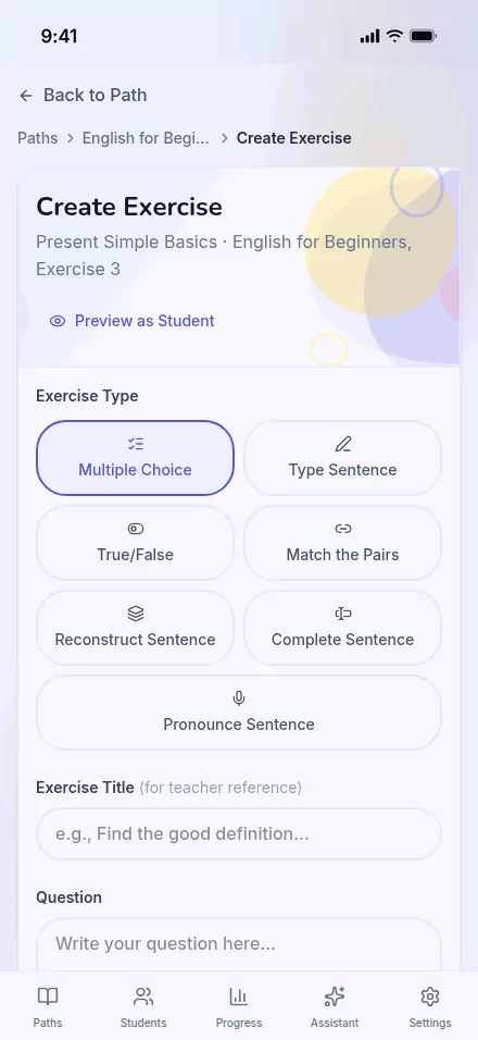 The Create Exercise form with True/False picked from the exercise-type grid.