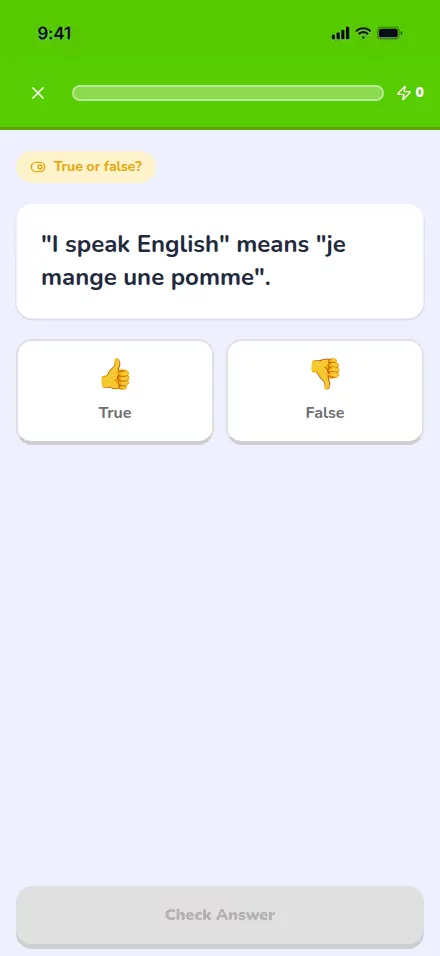 A true/false exercise on a student phone, asking whether a translation is correct.