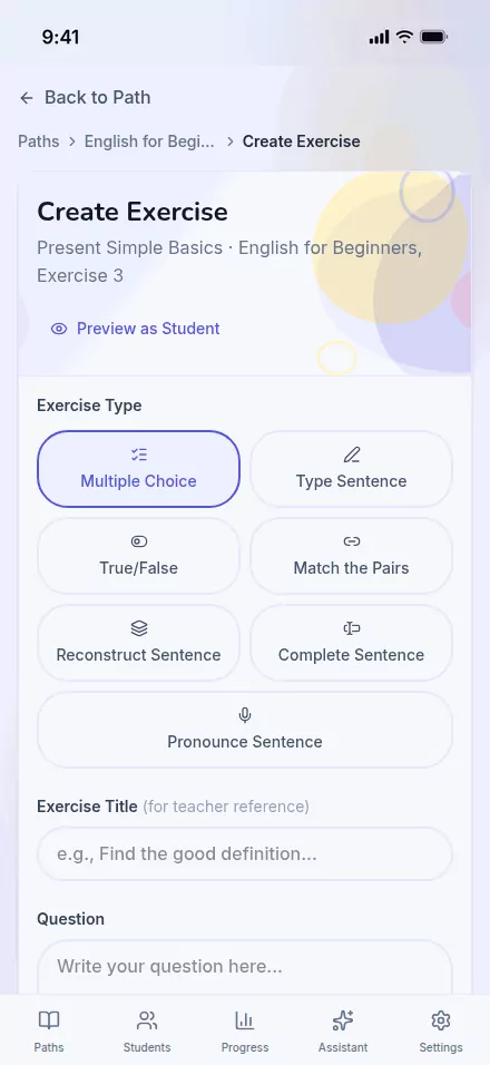 The Create Exercise form with Type Sentence picked from the exercise-type grid.