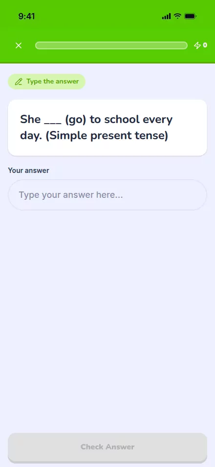 A type-sentence exercise on a student phone, with the answer being typed into the field.