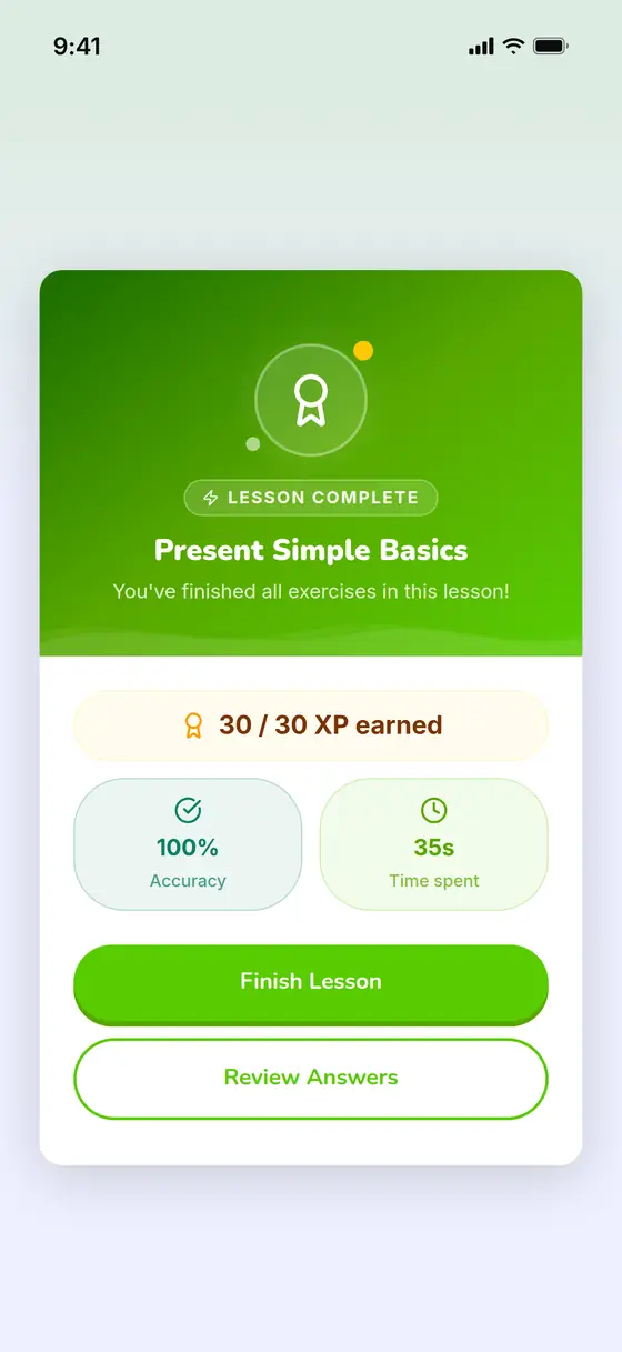 A lesson-complete card awarding 30 of 30 XP with 100% accuracy in 35 seconds.