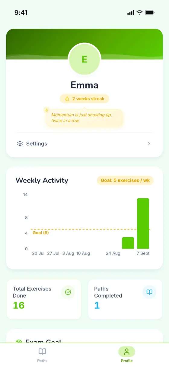 A student profile with a three-week streak and a weekly activity chart.