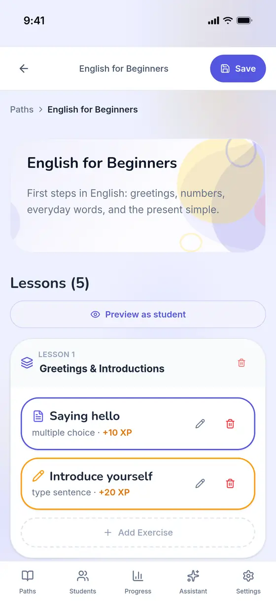 The editor for English for Beginners: Lesson 1 holds a multiple-choice exercise worth 10 XP and a type-sentence exercise worth 20 XP, with Add Exercise below them.